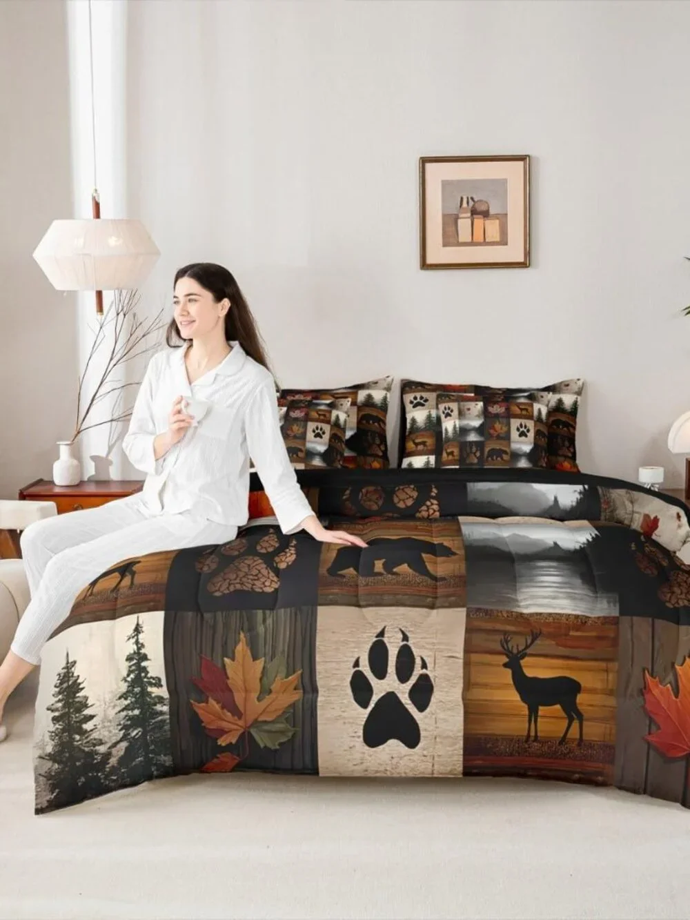 Bear Cabin Plaid Queen Comforter Set with Sheets 7 Piece Retro Hunting Deer Bed